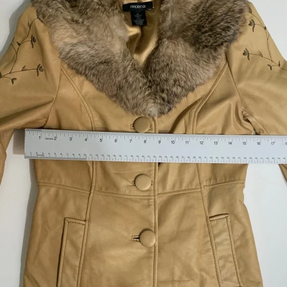 Vintage Arden B | Y2K Penny Lane Tan Leather Coat Fur Collar Embroidered | Sz S - Picture 8 of 13